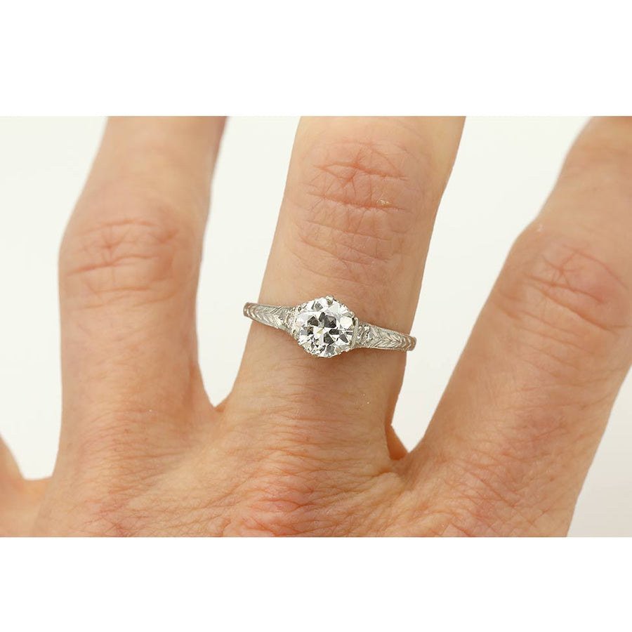 Vintage Old European Cut Diamond Art Deco Engagement Ring .85 CT Platinum Filigree Band Circa 1920s
