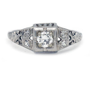 art deco old european cut diamond engagement ring in platinum with a 35 point diamond shown in a front view