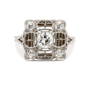 Antique .60 CTW Platinum Square Halo Diamond Art Deco Engagement Ring Front Vew