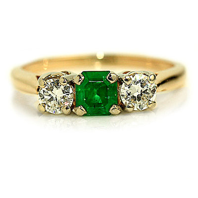 Mid-Century 1.35 CTW Emerald & European Cut Diamond Three Stone Vintage Engagement Ring