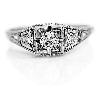 Vintage .40 CTW Old Mine Cut Diamond Platinum Antique Engagement Ring with Milgrain