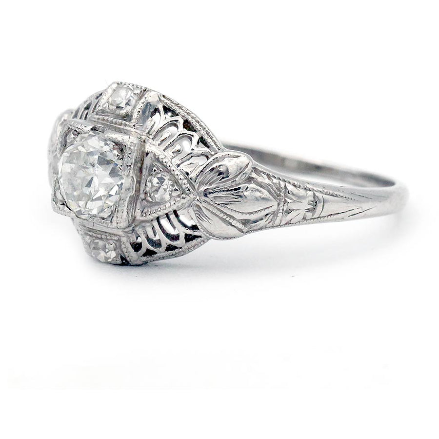 Art Deco .40 Ct Old European Cut Diamond Platinum Vintage Engagement Ring
