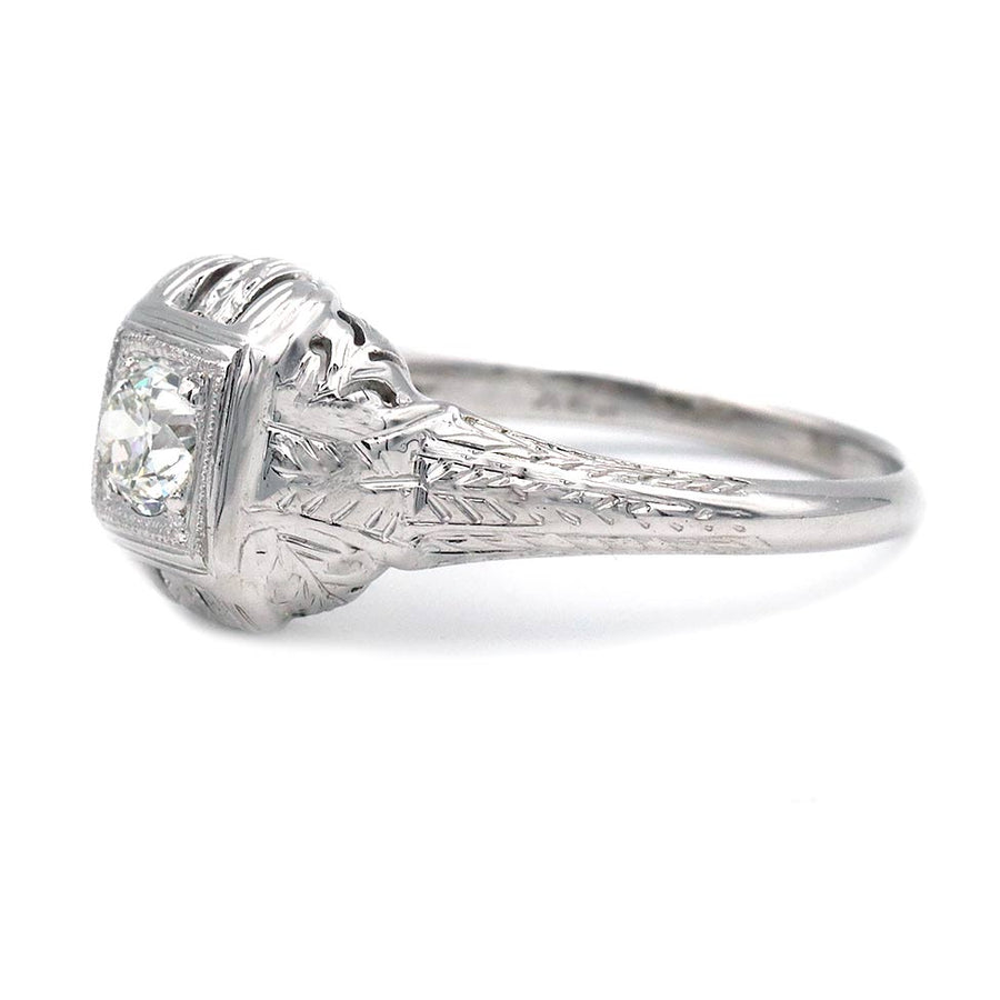 Art Deco .20 Carat Old European Cut Diamond Engagement Ring | J VS2 18k White Gold Square Milgrain