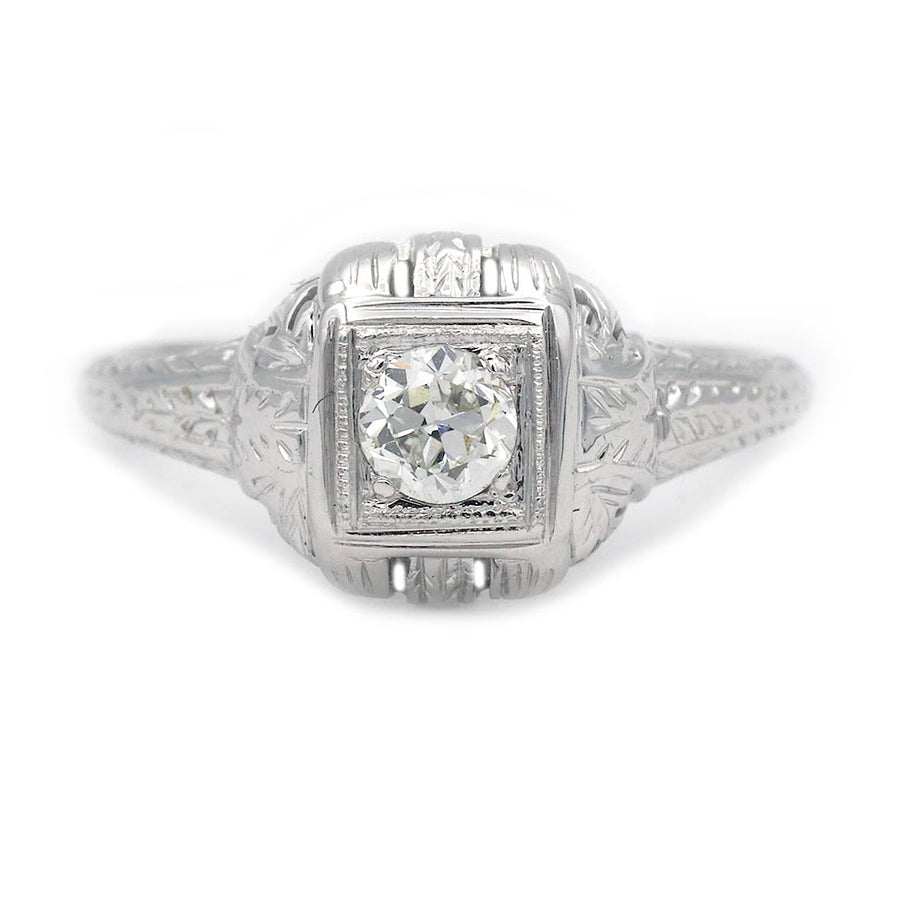 Art Deco .20 Carat Old European Cut Diamond Engagement Ring | J VS2 18k White Gold Square Milgrain