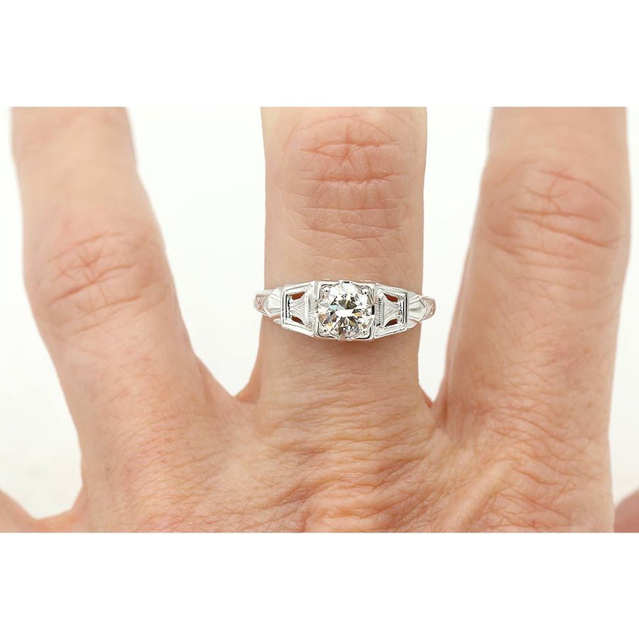 Art Deco .65 CT Old European Cut Diamond Solitaire Engagement Ring | 18K White Gold