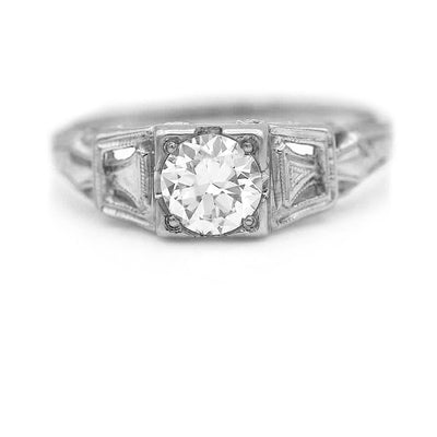 Art Deco .65 CTW 18 Karat White Gold European Cut Diamond Solitaire Antique Engagement Ring