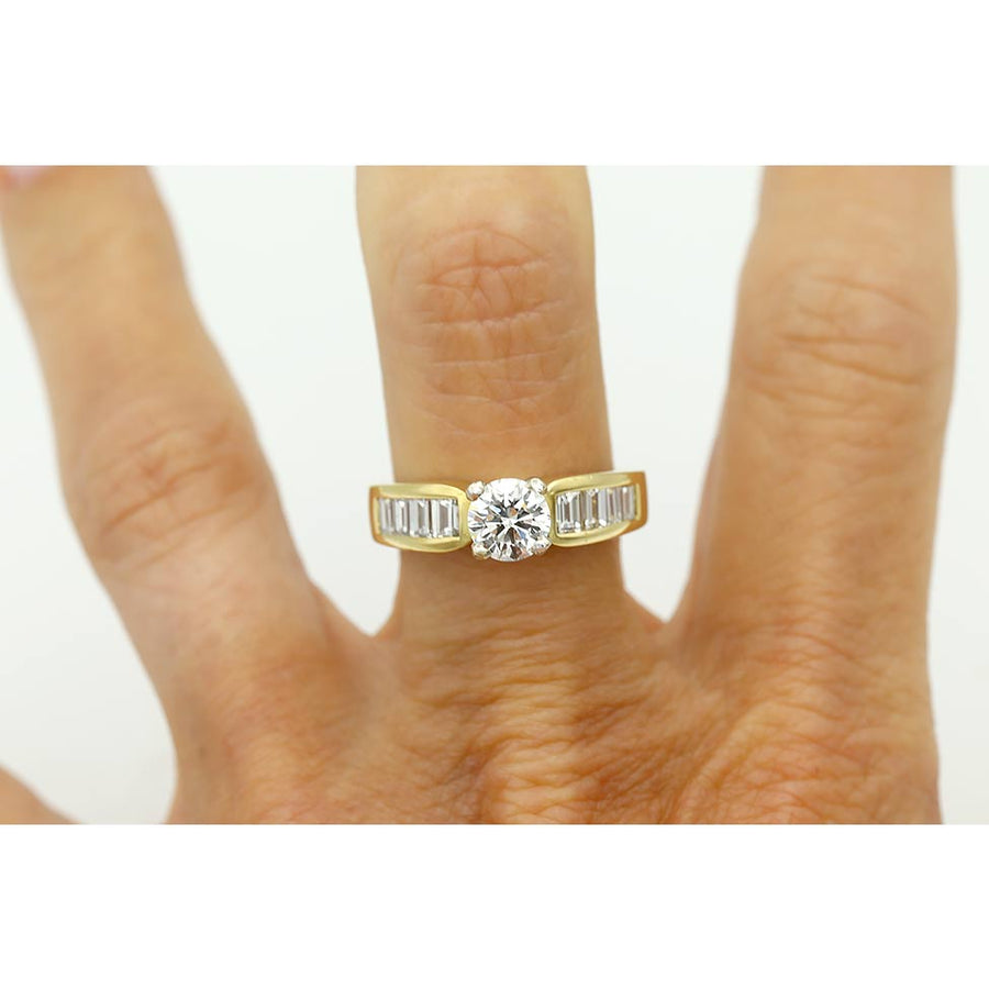 Mid-Century 1.66 CTW Lab Grown Round Diamond & Baguette Engagement Ring in Two-Tone Gold