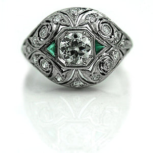 Edwardian 1.10 CTW Old European Cut Emerald Platinum Vintage Engagement Ring - Vintage Diamond Ring