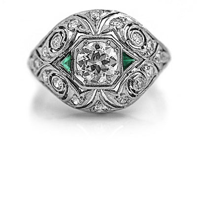 Edwardian 1.10 CTW Old European Cut Emerald Platinum Vintage Engagement Ring