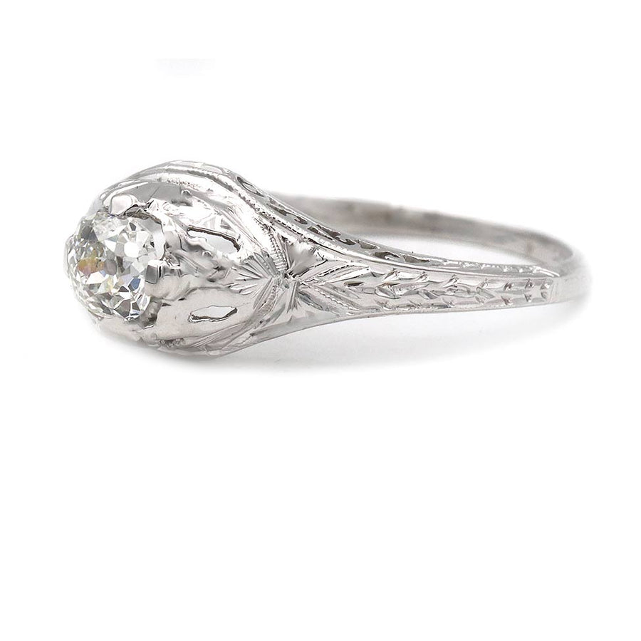 Art Deco .55 Ct Old Mine Cut Diamond Engagement Ring in 18K White Gold