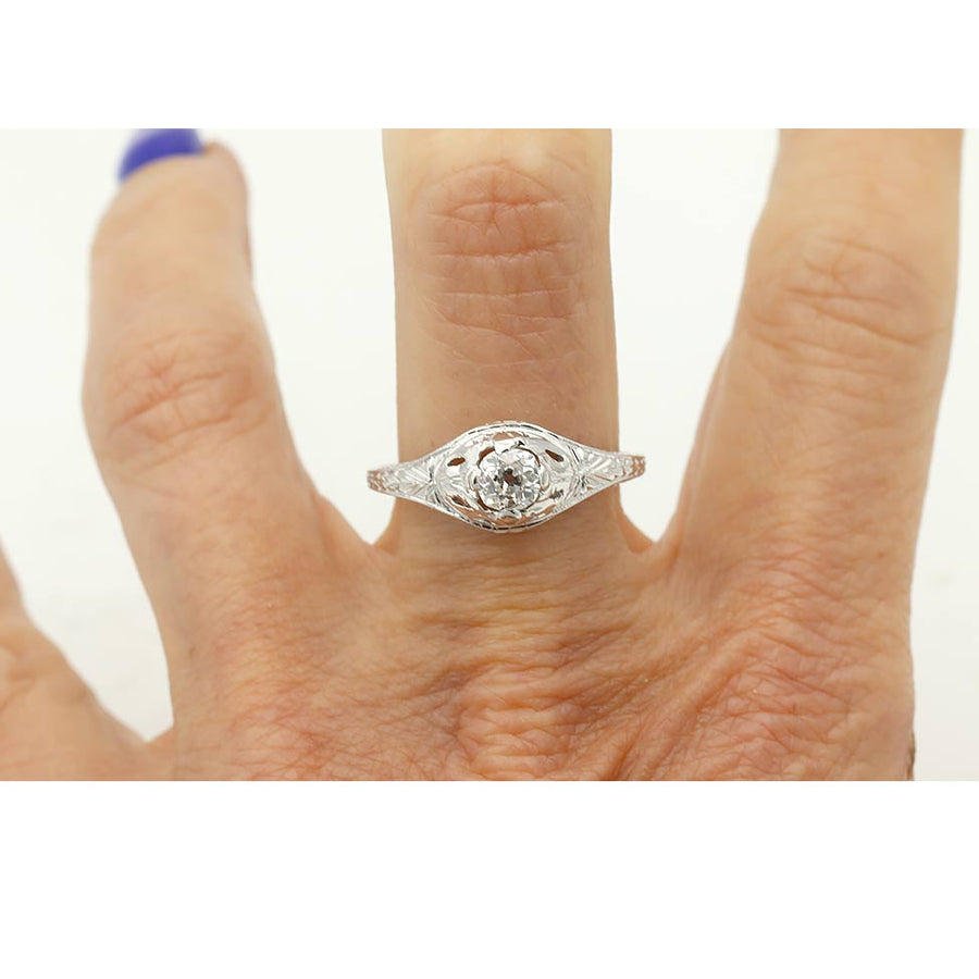 Art Deco .55 Ct Old Mine Cut Diamond Engagement Ring in 18K White Gold