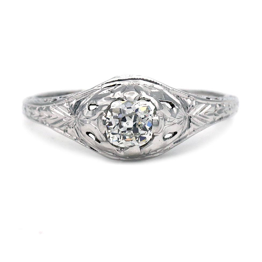 Art Deco .55 Ct Old Mine Cut Diamond Engagement Ring in 18K White Gold