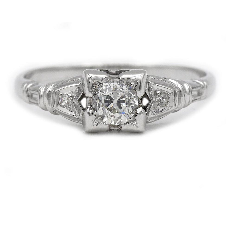 Art Deco .25 CT Old European Cut Diamond Engagement Ring | 18K White Gold