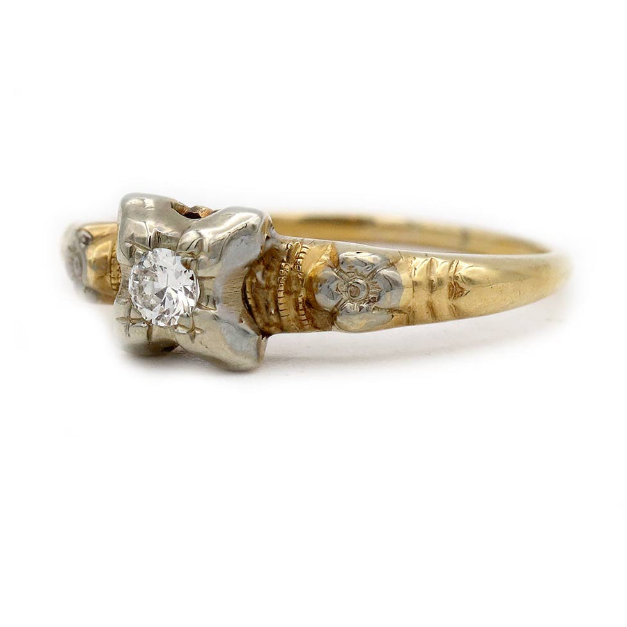Mid-Century .15 Ct Old European Cut Diamond Floral Vintage Engagement Ring | Two-Tone Gold
