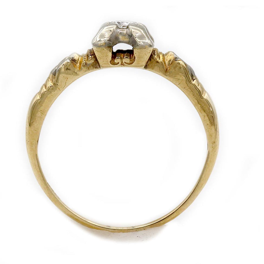 Mid-Century .15 Ct Old European Cut Diamond Floral Vintage Engagement Ring | Two-Tone Gold