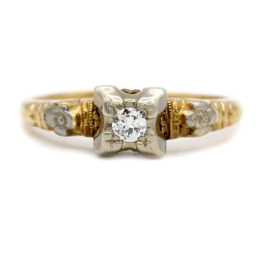 Mid-Century .15 Ct Old European Cut Diamond Floral Vintage Engagement Ring | Two-Tone Gold