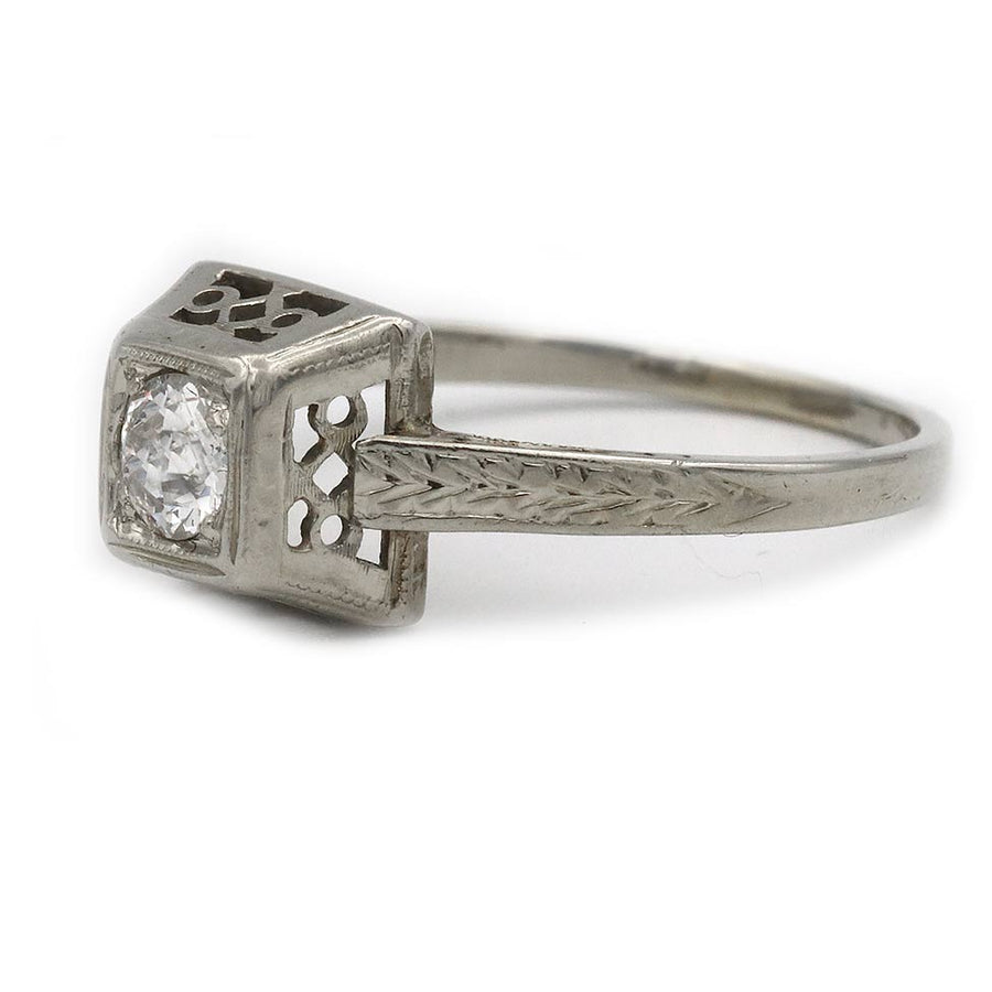 Art Deco .25 CT Old European Cut Diamond Engagement Ring | 18K White Gold H/SI1