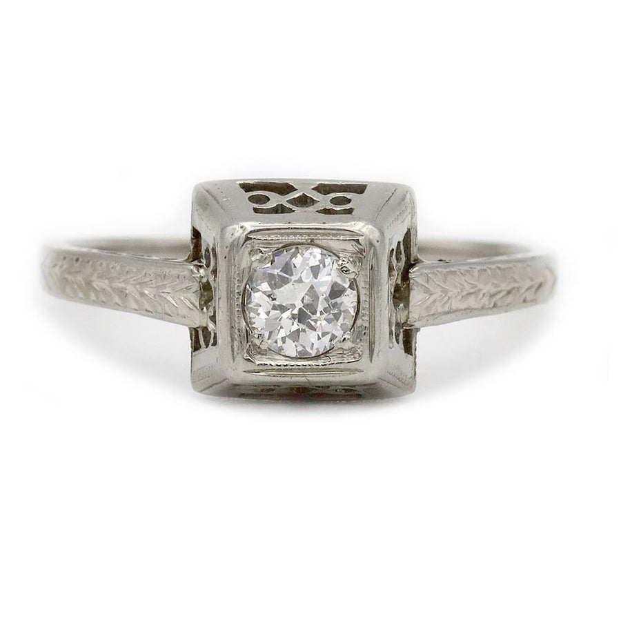 Art Deco .25 CT Old European Cut Diamond Engagement Ring | 18K White Gold H/SI1