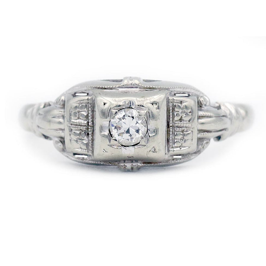 Art Deco .10 Ct Old European Cut Diamond Filigree Solitaire Engagement Ring in 14K White Gold