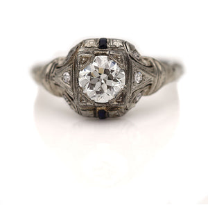 Art Deco 1.19 CTW Old European Cut Diamond Antique Engagement Ring Sapphires GIA K/VS2