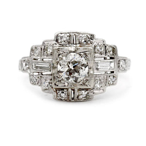 Vintage .78 CTW Halo Mid-Century Engagement Ring with Baguette Diamonds - Vintage Diamond Ring