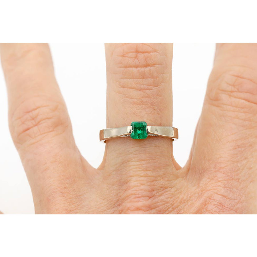 Emmy Lou: .35 Ct Square Cut Colombian Emerald Mid-Century Ring (1970s)