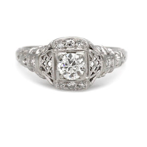 Art Deco .46 CTW Square Diamond Engagement Ring in 18 Kt White Gold Front View
