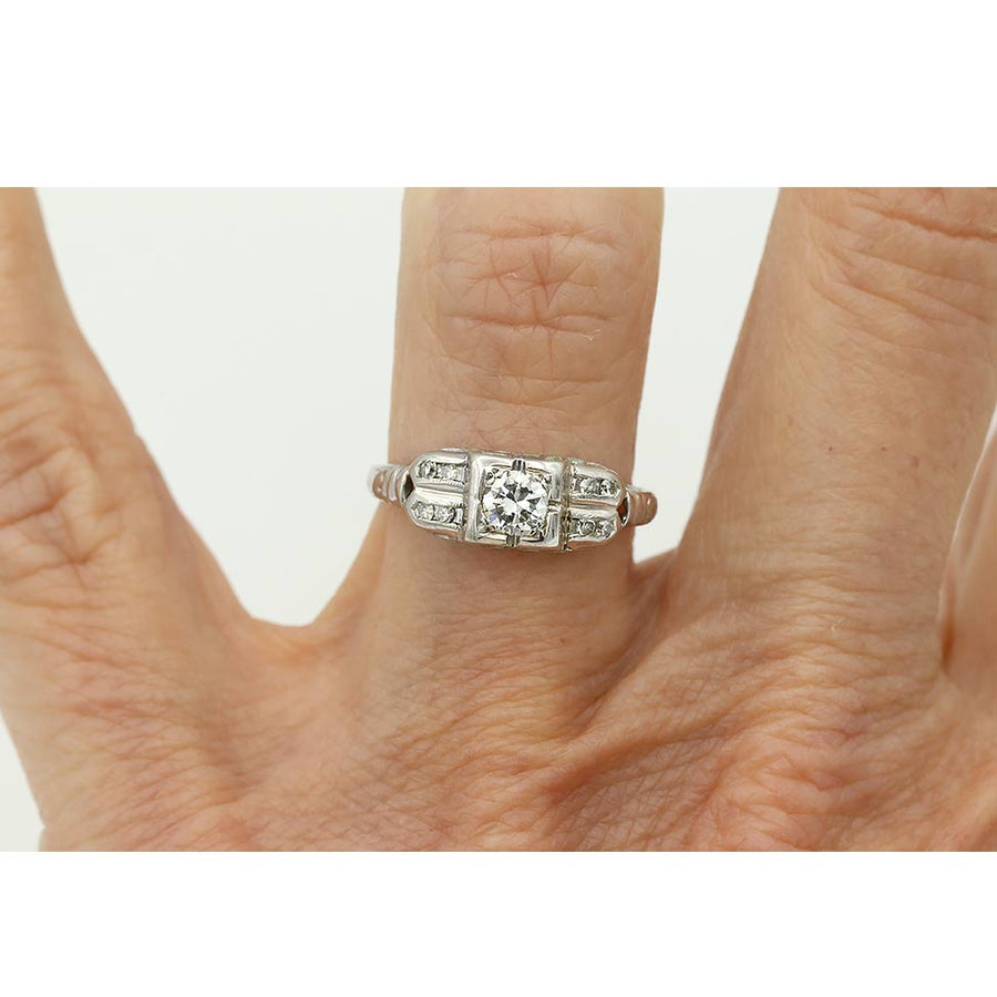 Art Deco Old European Cut Diamond Engagement Ring | .35 CTW Channel Set & Split Shank 14K White Gold Vintage Ring