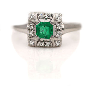 Vintage .74 CTW Emerald & Diamond Halo Gemstone Engagement Ring - Vintage Diamond Ring