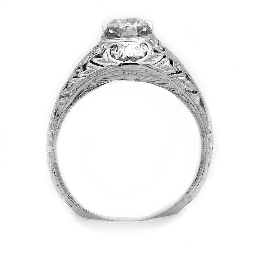 Art Deco .45 Ct Old European Cut Diamond Solitaire Vintage Engagement Ring in 19K White Gold
