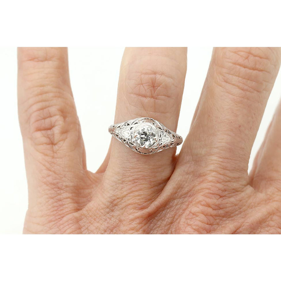 Art Deco .45 Ct Old European Cut Diamond Solitaire Vintage Engagement Ring in 19K White Gold