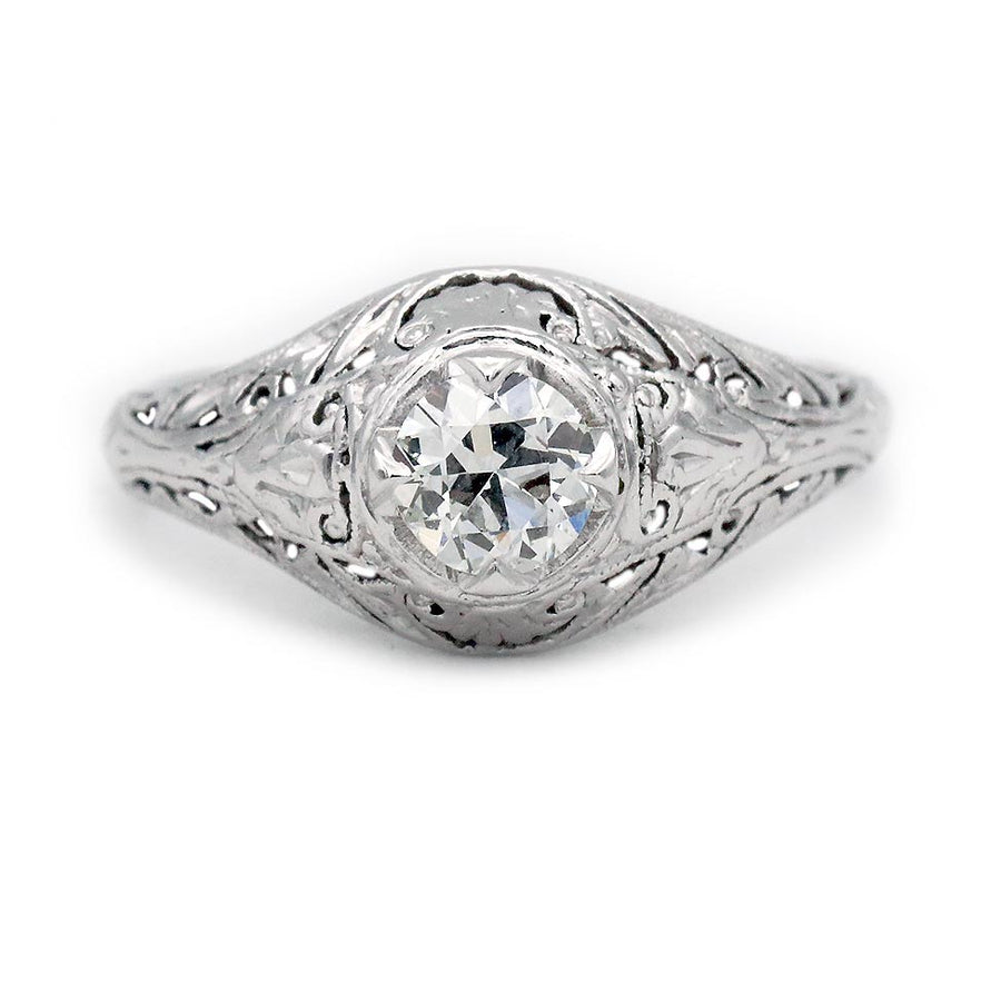 Art Deco .45 Ct Old European Cut Diamond Solitaire Vintage Engagement Ring in 19K White Gold