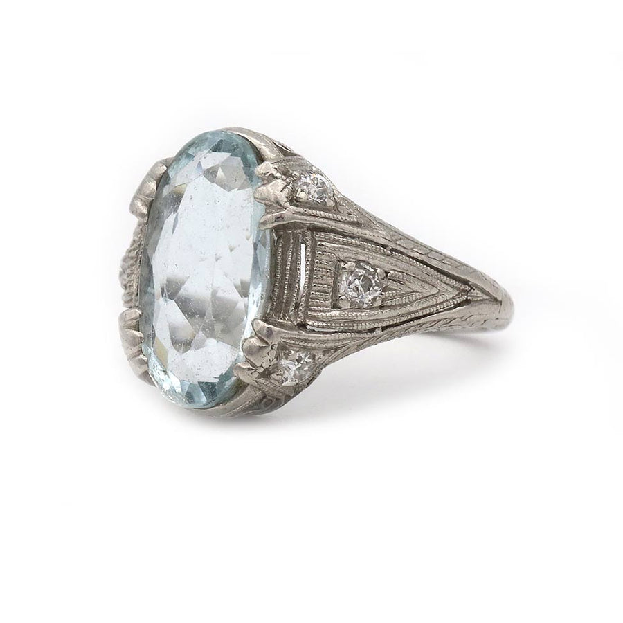 Art Deco 3.62 CTW Oval Aquamarine & Diamond Engagement Ring in Platinum