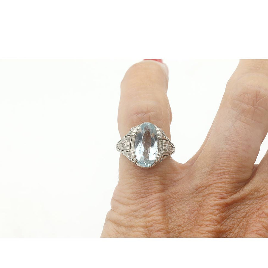 Art Deco 3.62 CTW Oval Aquamarine & Diamond Engagement Ring in Platinum
