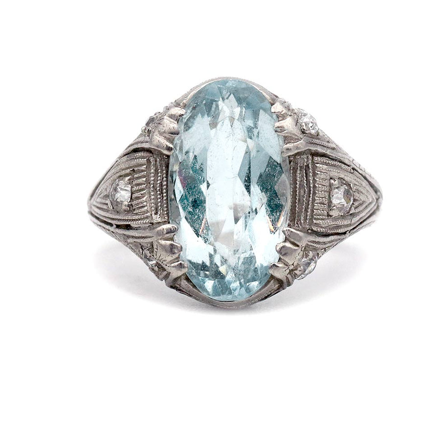 Art Deco 3.62 CTW Oval Aquamarine & Diamond Engagement Ring in Platinum
