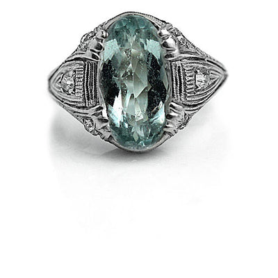 Antique 3.62 CTW Oval Cut Aquamarine Engagement Ring with Side Diamonds