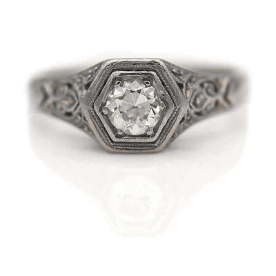 Circa 1930s Art Deco Old Mine Cut Hexagonal Solitaire Engagement Ring