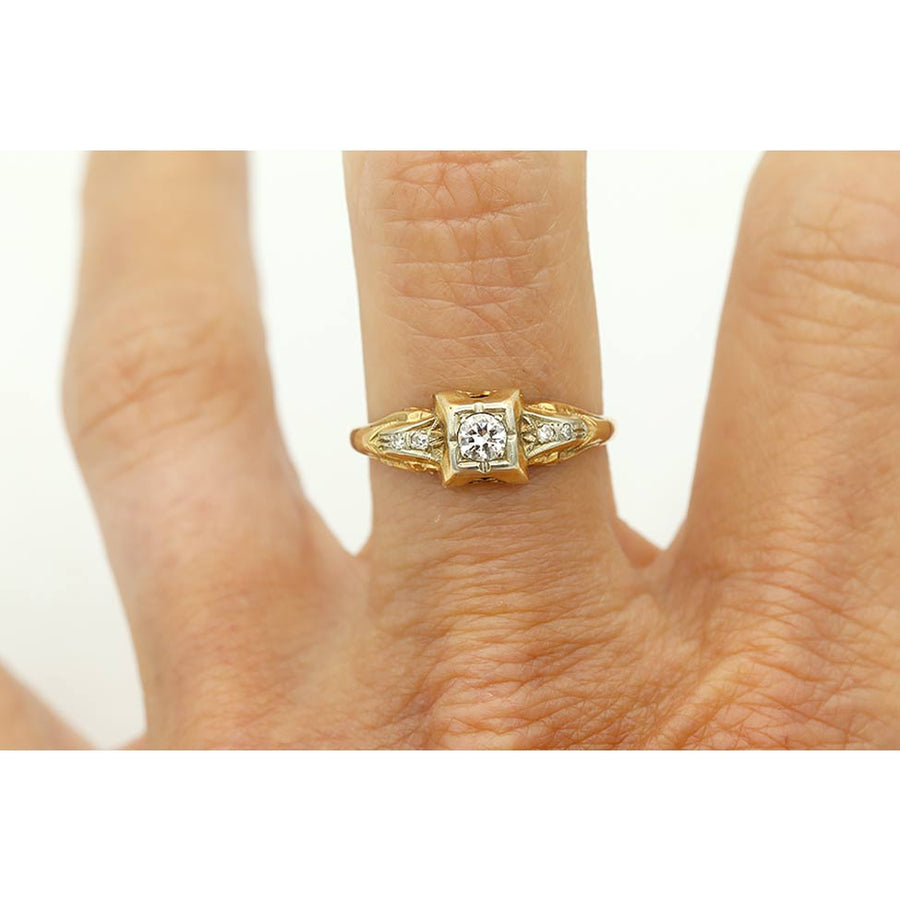 Vintage Diamond Engagement Ring .20ct Two Tone 14K Gold Mid Century