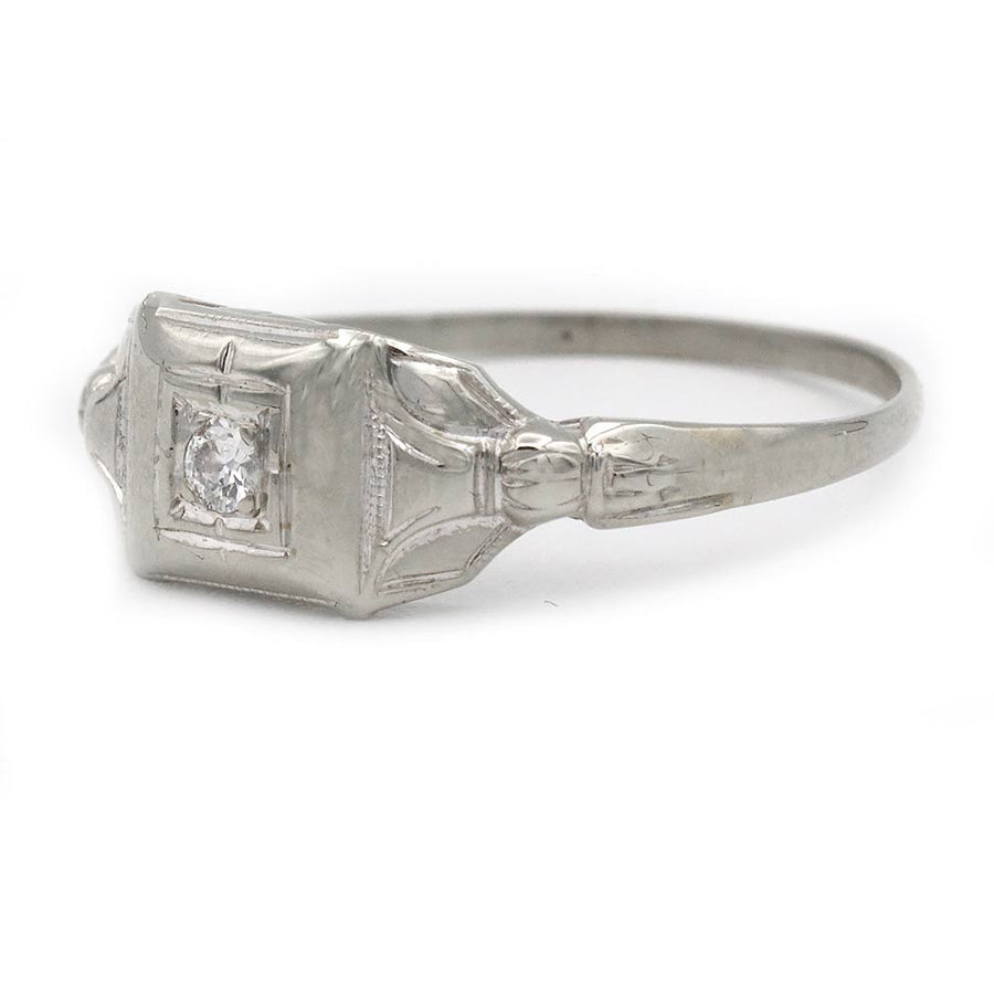 Petite Antique Old Mine Cut Diamond Engagement Ring .08 Ct 14K White Gold Square Frame Circa 1930s