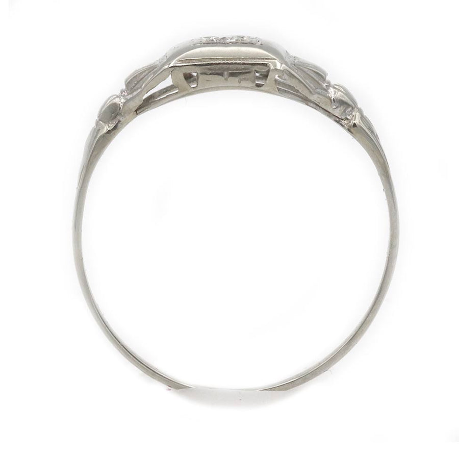 Petite Antique Old Mine Cut Diamond Engagement Ring .08 Ct 14K White Gold Square Frame Circa 1930s