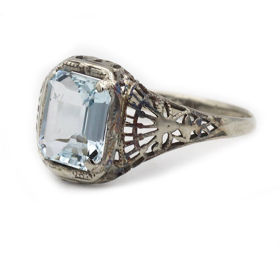Art Deco 2.20 Ct Emerald Cut Aquamarine Vintage Engagement Ring