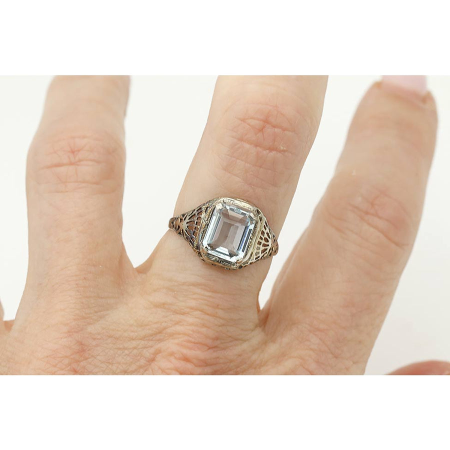 Art Deco 2.20 Ct Emerald Cut Aquamarine Vintage Engagement Ring
