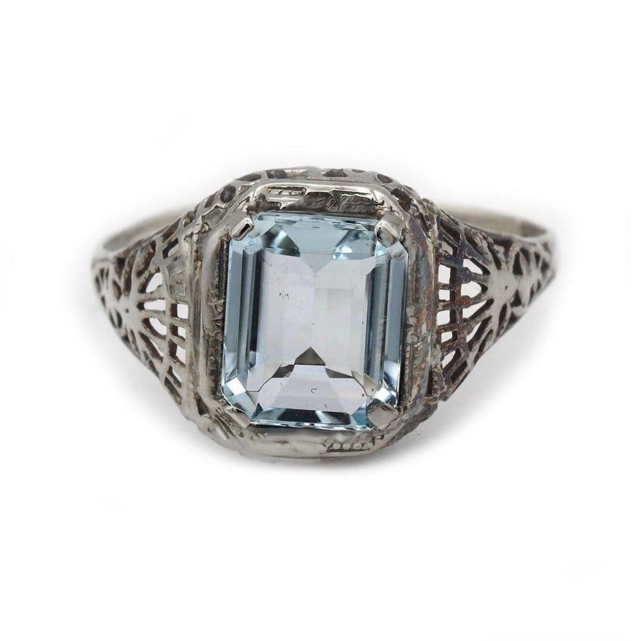 Art Deco 2.20 Ct Emerald Cut Aquamarine Vintage Engagement Ring