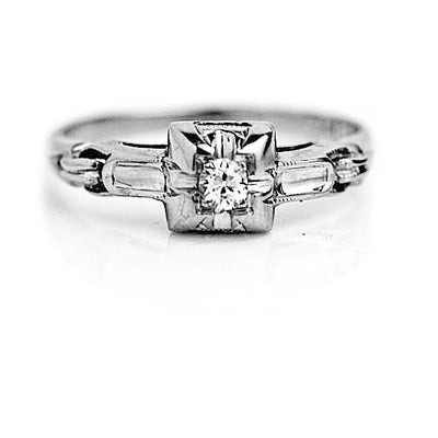 Art Deco .15 CTW Thin Fluted Band Diamond Vintage Engagement Ring Signed Fidelity