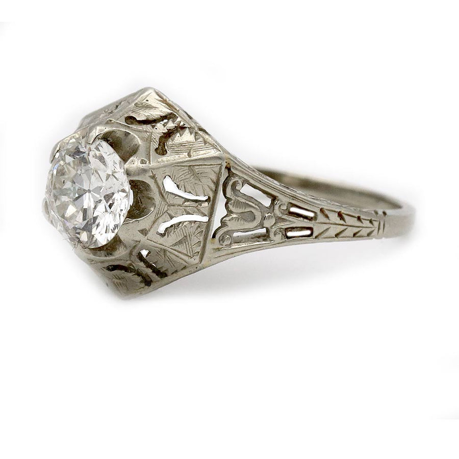 Art Deco .90 CT Old European Cut Diamond Engagement Ring | 18K White Gold H/SI2