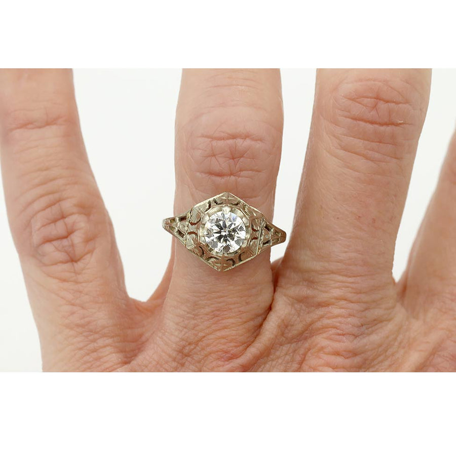 Art Deco .90 CT Old European Cut Diamond Engagement Ring | 18K White Gold H/SI2
