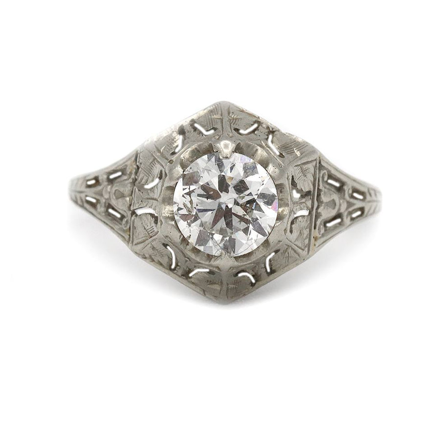 Art Deco .90 CT Old European Cut Diamond Engagement Ring | 18K White Gold H/SI2