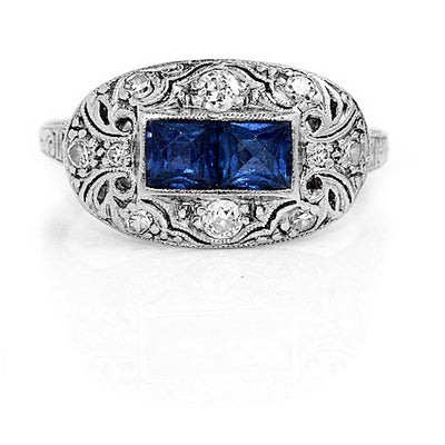 Art Deco 1.10 CTW Square Cut Sapphire & Diamond Antique Engagement Ring