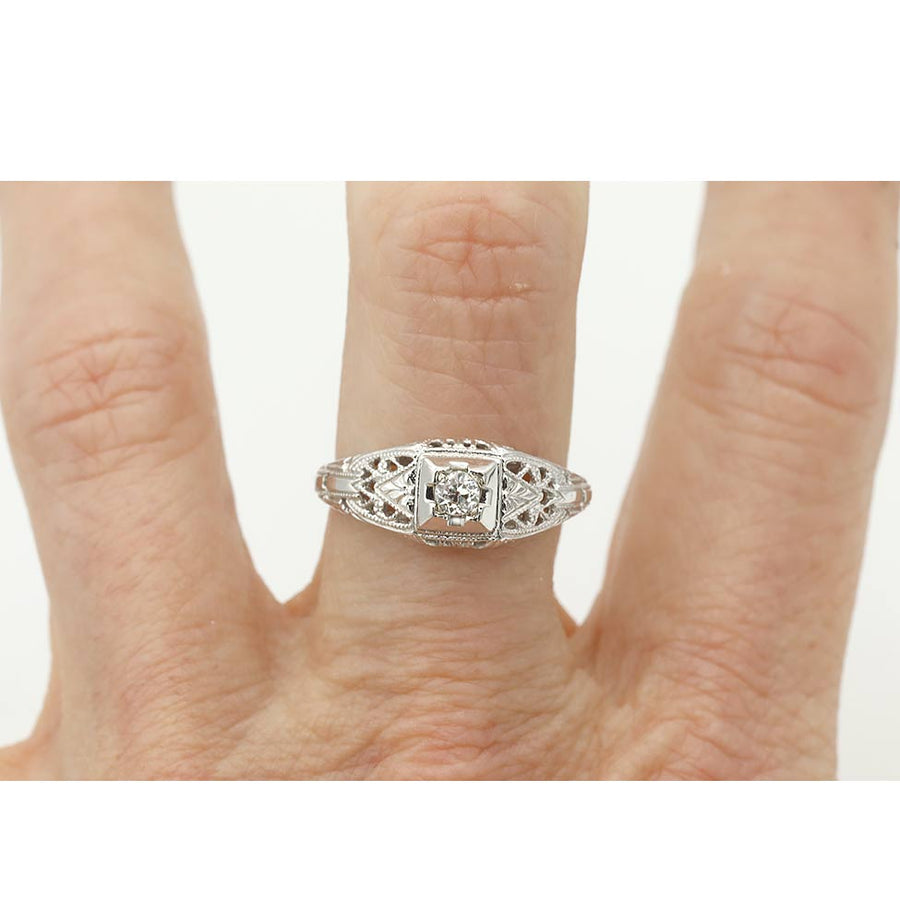 Art Deco .15 Ct Old Mine Cut Diamond Filigree Engagement Ring