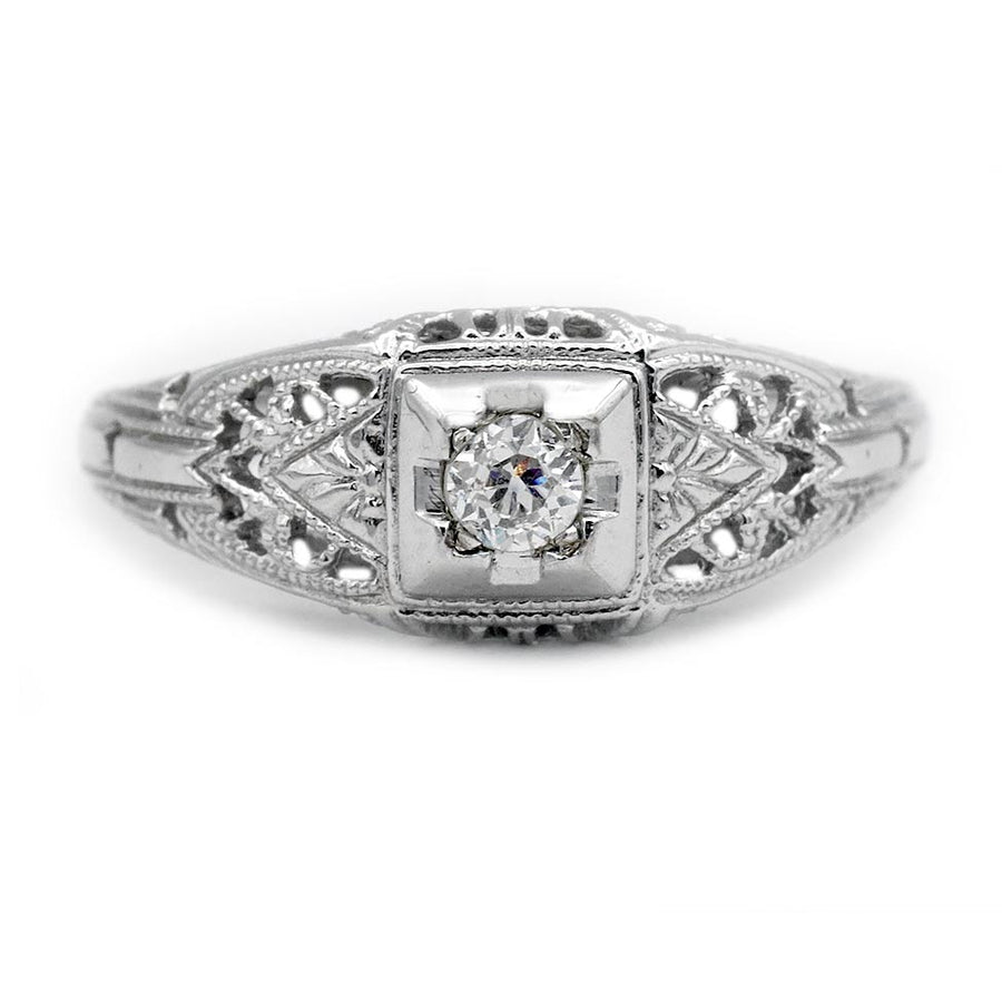 Art Deco .15 Ct Old Mine Cut Diamond Filigree Engagement Ring
